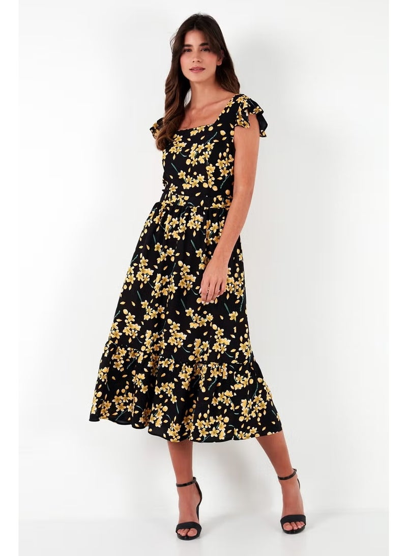 Lela Patterned Regular Fit Square Collar Flounced Midi Dress Women's Dress 611EL501 - Image 2